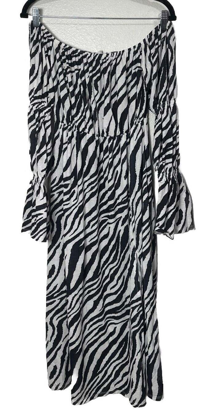 ASOS Women's Long Sleeve Zebra Print Off Shoulder Dress Slit Midi Waisted Size 2